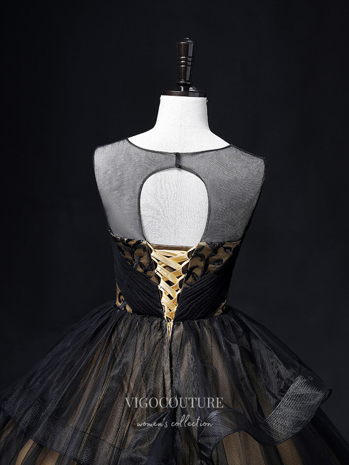 Prom Dress 2025 Black Lace Applique Quinceanera Dresses Tiered Princess Dresses 21360-unique elegant Prom Dresses-Black-Custom Size-vigocouture