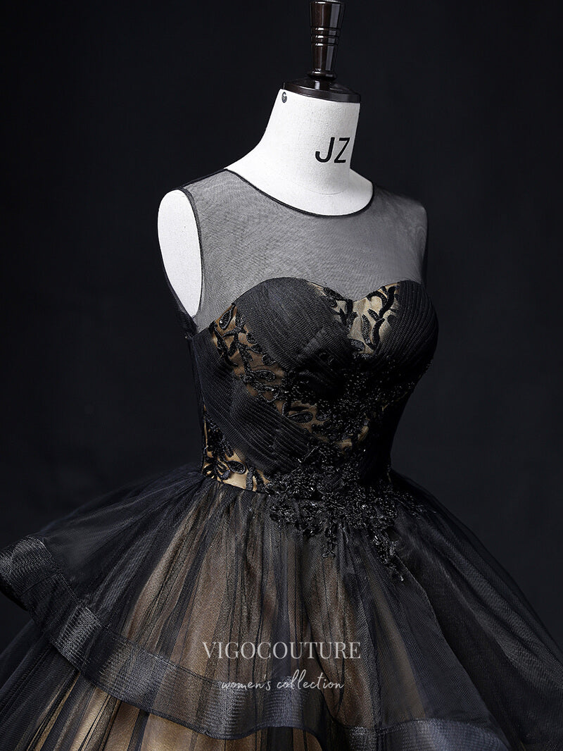 Prom Dress 2025 Black Lace Applique Quinceanera Dresses Tiered Princess Dresses 21360-unique elegant Prom Dresses-Black-Custom Size-vigocouture