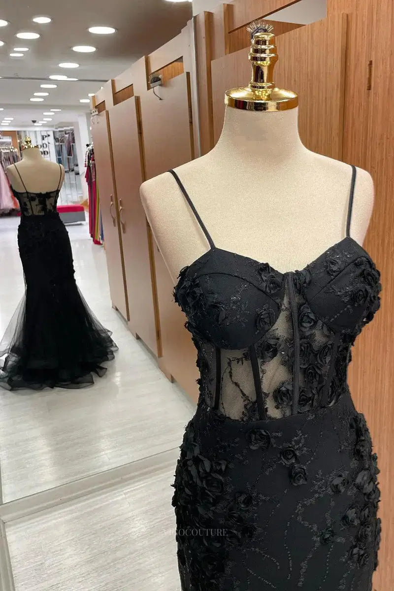 Prom Dresses 2025 to impress Black Lace Sheath Prom Dresses Spaghetti Strap Sheer Boned Boidce Formal Dress – 25174-vigocouture-vigocouture