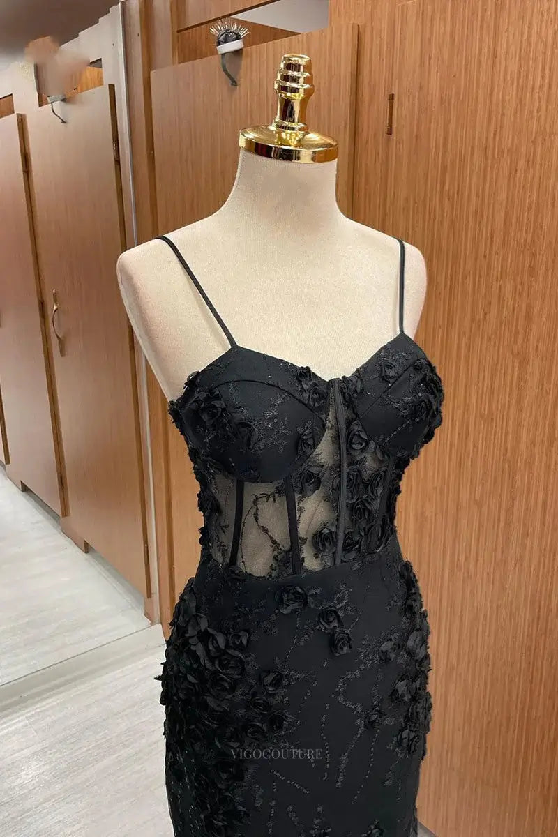 Prom Dresses 2025 to impress Black Lace Sheath Prom Dresses Spaghetti Strap Sheer Boned Boidce Formal Dress – 25174-vigocouture-vigocouture