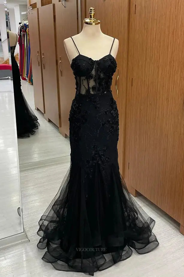 Prom Dresses 2025 to impress Black Lace Sheath Prom Dresses Spaghetti Strap Sheer Boned Boidce Formal Dress – 25174-vigocouture-Black-Custom Size-vigocouture