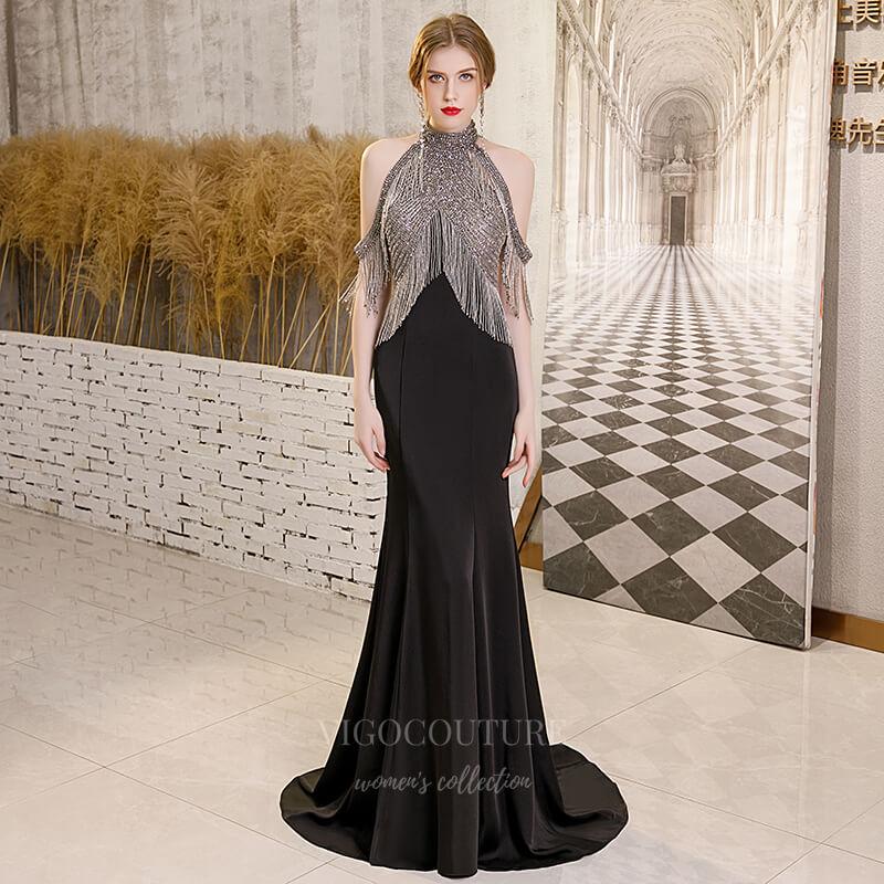 Prom Dress 2025 Black Mermaid Halter Neck Beaded Prom Dress 20268-unique elegant Prom Dresses-Black-US2-vigocouture