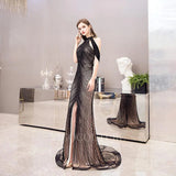 Prom Dress 2025 Black Mermaid High Neck Prom Dresses Middle Slit Evening Dresses 20066-unique elegant Prom Dresses-Black-US2-vigocouture