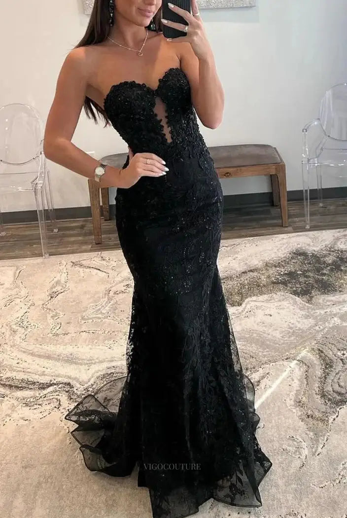 Prom Dresses 2025 to impress Black Mermaid Satin Prom Dresses 2025 with Sweetheart, Sheer Lace Bodice & Slit – 25117-vigocouture-vigocouture