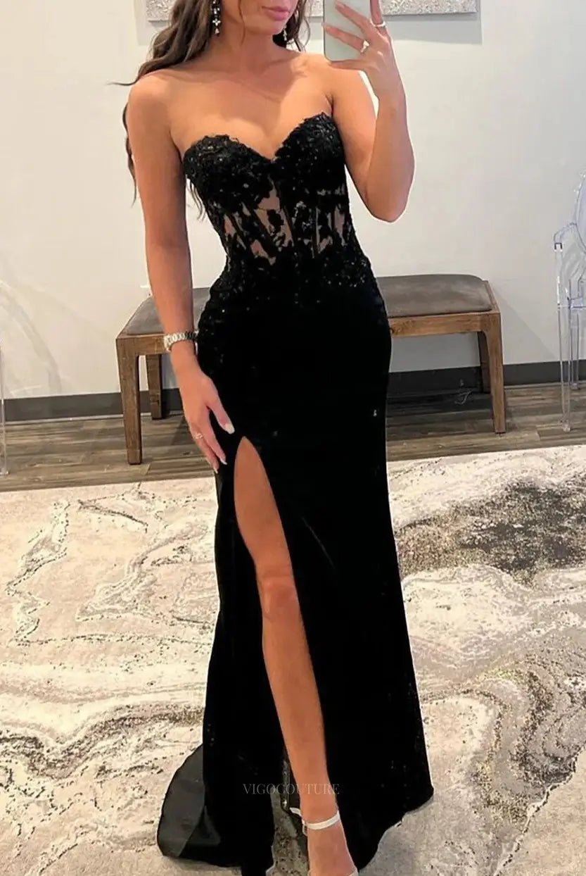 Prom Dresses 2025 to impress Black Mermaid Satin Prom Dresses 2025 with Sweetheart, Sheer Lace Bodice & Slit – 25117-vigocouture-Black-Custom Size-vigocouture