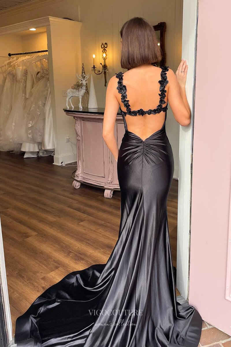 Prom Dress 2025 Black Mermaid Satin Prom Dresses with Slit Lace Applique Strap 24193-unique elegant Prom Dresses-Black-Custom Size-vigocouture