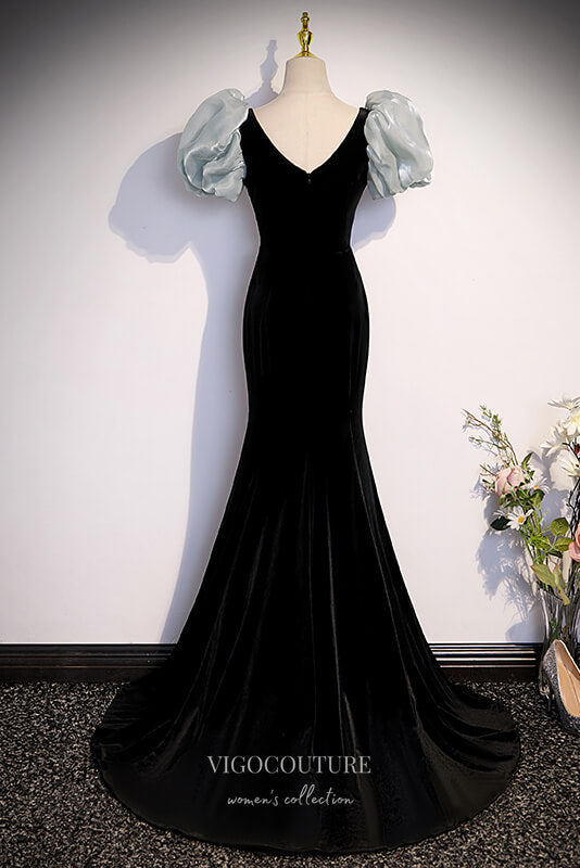 Prom Dress 2025 Black Mermaid Velvet Prom Dress with Puffed Sleeve and Bow-Tie 22258-unique elegant Prom Dresses-Black-Custom Size-vigocouture