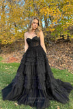 Prom Dress 2025 Black Pleated Tiered Prom Dresses 2024 Strapless Beaded Sheer Boned Bodice 24290-unique elegant Prom Dresses-Black-Custom Size-vigocouture