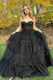 Prom Dress 2025 Black Pleated Tiered Prom Dresses 2024 Strapless Beaded Sheer Boned Bodice 24290-unique elegant Prom Dresses-Black-Custom Size-vigocouture