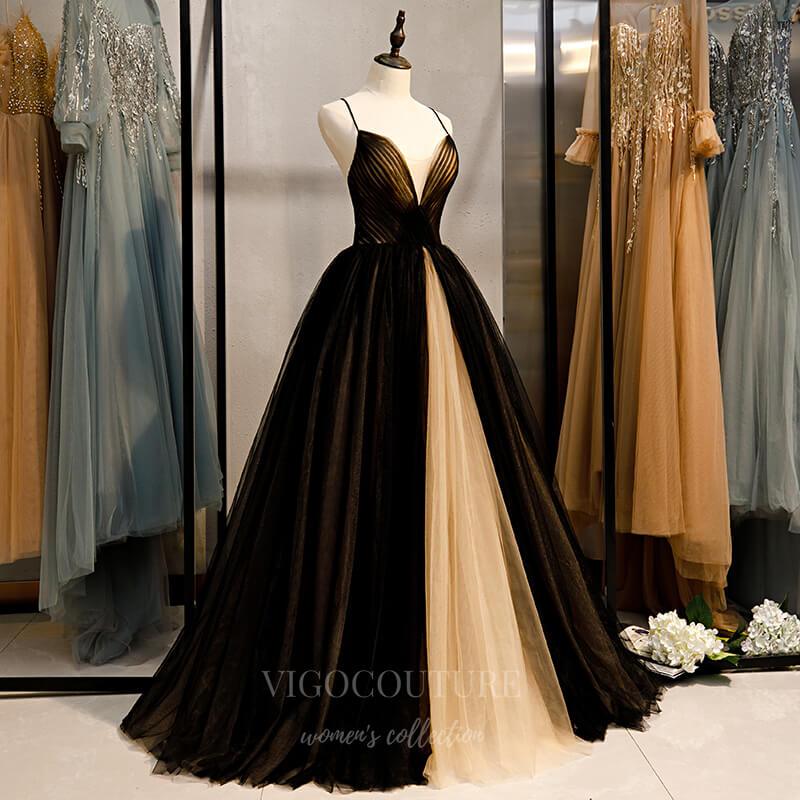 Prom Dress 2025 Black Plunging V-Neck Prom Dress 2022 Spaghetti Strap Formal Dress 20553-unique elegant Prom Dresses-Black-US2-vigocouture