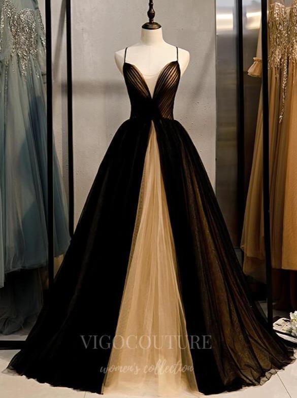 Prom Dress 2025 Black Plunging V-Neck Prom Dress 2022 Spaghetti Strap Formal Dress 20553-unique elegant Prom Dresses-Black-US2-vigocouture