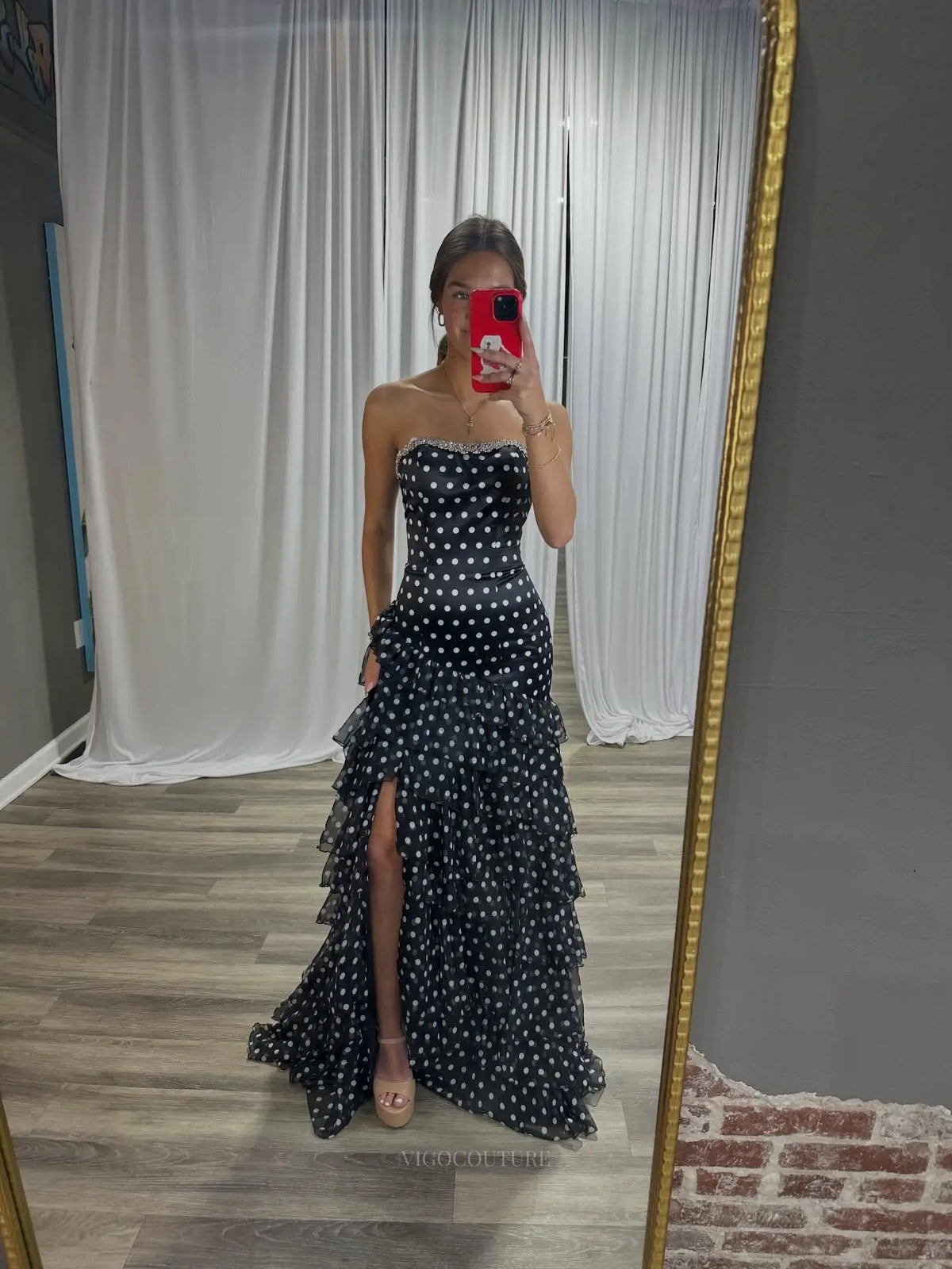 Prom Dresses 2025 to impress Black Polka Dot Mermaid Prom Dress with Rhinestone Neckline, High Slit and Tiered Ruffles - P26029-vigocouture-vigocouture