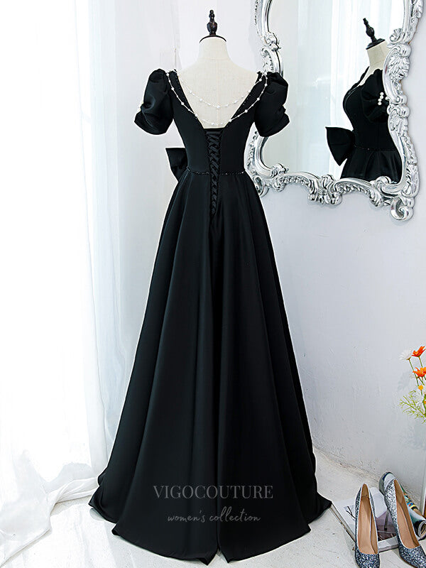 Prom Dress 2025 Black Puffed Sleeve Satin A-Line Prom Dress 20884-unique elegant Prom Dresses-Black-Custom Size-vigocouture