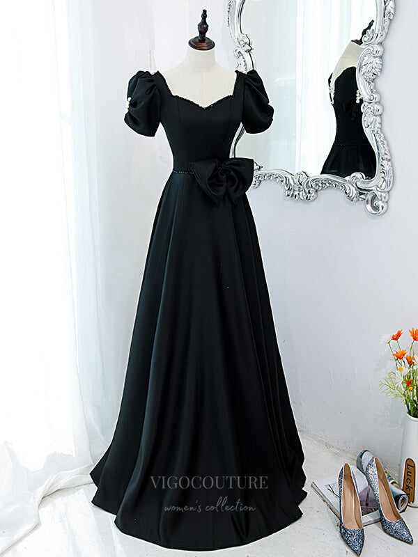 Prom Dress 2025 Black Puffed Sleeve Satin A-Line Prom Dress 20884-unique elegant Prom Dresses-Black-Custom Size-vigocouture