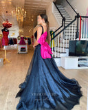 Prom Dress 2025 Black Removable Train Prom Dresses Bow-Tie V-Neck Evening Dress 21799-unique elegant Prom Dresses-Black-US2-vigocouture