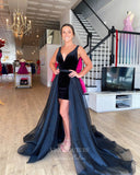 Prom Dress 2025 Black Removable Train Prom Dresses Bow-Tie V-Neck Evening Dress 21799-unique elegant Prom Dresses-Black-US2-vigocouture