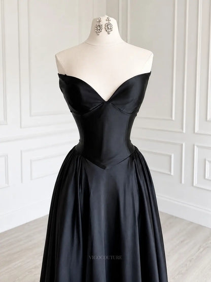 Prom Dresses 2025 to impress Black Satin A-Line Prom Dress with Strapless Sweetheart Corset and Basque Waist - P26021-vigocouture-vigocouture