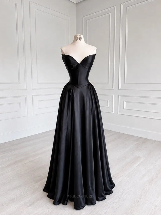 Prom Dresses 2025 to impress Black Satin A-Line Prom Dress with Strapless Sweetheart Corset and Basque Waist - P26021-vigocouture-vigocouture