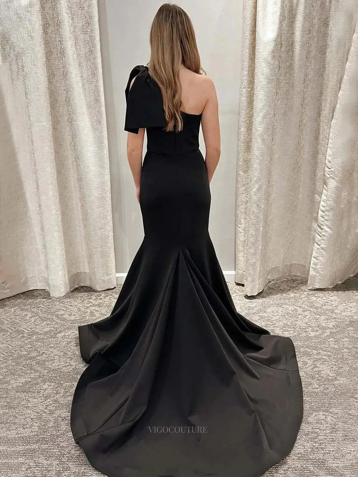 Prom Dresses 2025 to impress Black Satin Bow Tie Prom Dresses 2025 One Shoulder Formal Dresses – 25149-vigocouture-vigocouture