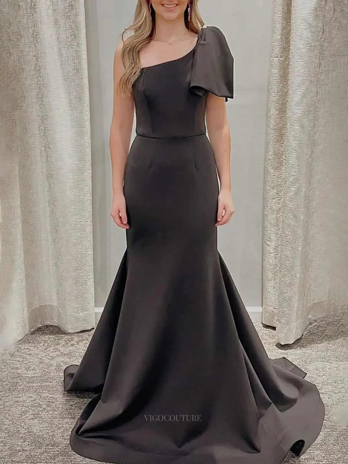 Prom Dresses 2025 to impress Black Satin Bow Tie Prom Dresses 2025 One Shoulder Formal Dresses – 25149-vigocouture-Black-Custom Size-vigocouture