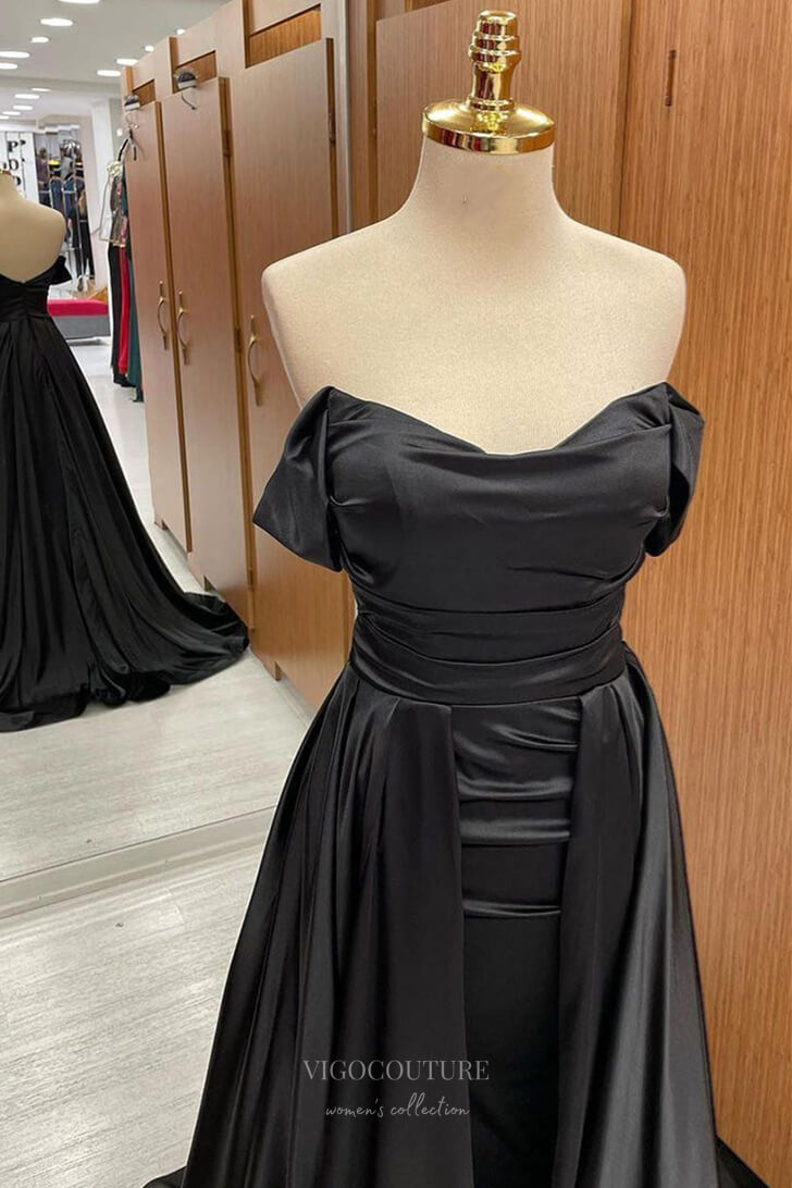 Prom Dress 2025 Black Satin Cheap Prom Dresses with Overskirt Off the Shoulder 24264-unique elegant Prom Dresses-Black-Custom Size-vigocouture