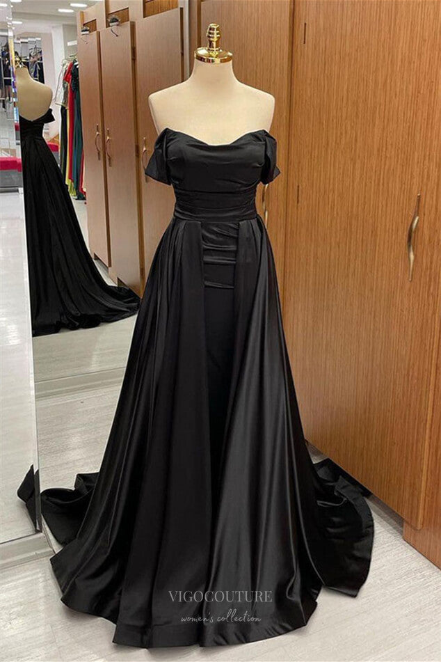 Prom Dress 2025 Black Satin Cheap Prom Dresses with Overskirt Off the Shoulder 24264-unique elegant Prom Dresses-Black-Custom Size-vigocouture