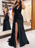 Prom Dresses 2025 to impress Black Satin Lace Mermaid Prom Dresses 2025 with One Shoulder & Slit – 25113-vigocouture-Black-Custom Size-vigocouture