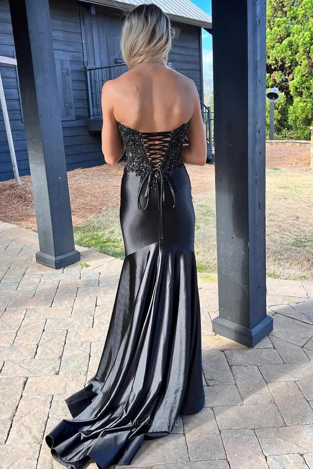 Prom Dresses 2025 to impress Black Satin Lace Mermaid Prom Dresses with Slit Strapless Sweetheart Neck Formal Dresses – 25159-vigocouture-vigocouture