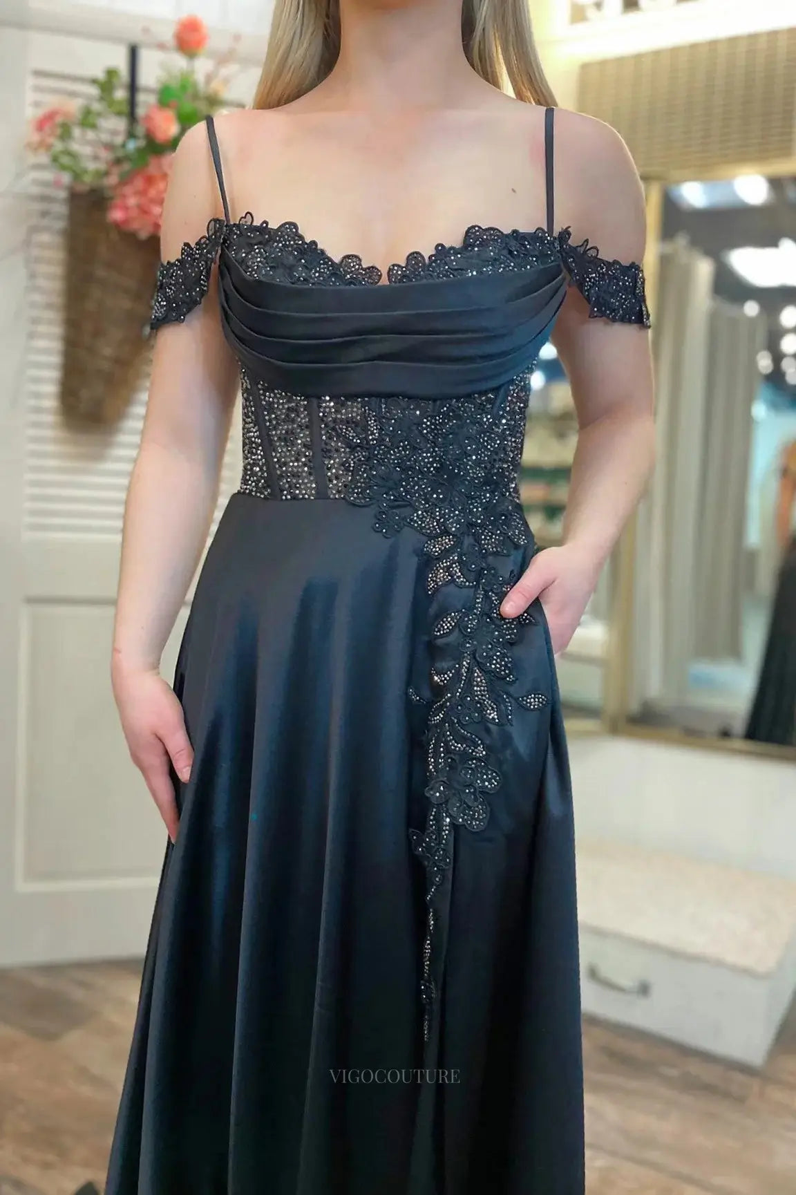 Prom Dresses 2025 to impress Black Satin Lace Prom Dresses 2025 with Beaded Lace, Pockets, Slit & Spaghetti Strap – 25111-vigocouture-vigocouture