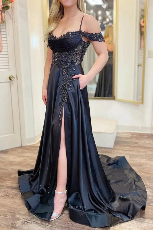 Prom Dresses 2025 to impress Black Satin Lace Prom Dresses 2025 with Beaded Lace, Pockets, Slit & Spaghetti Strap – 25111-vigocouture-Black-Custom Size-vigocouture