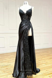 Prom Dress 2025 Black Satin Mermaid Cheap Prom Dresses with High Slit Lace Applique 24454-unique elegant Prom Dresses-Black-Custom Size-vigocouture