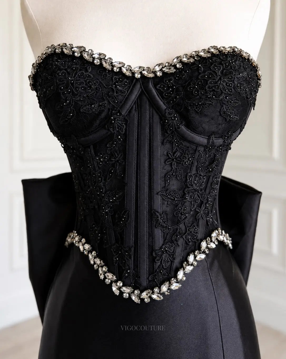 Prom Dresses 2025 to impress Black Satin Mermaid Prom Dress with Jeweled Lace Corset, High Slit and Oversized Back Bow - P26023-vigocouture-vigocouture