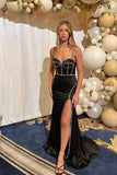 Prom Dresses 2025 to impress Black Satin Mermaid Prom Dresses 2025 with Slit & Spaghetti Strap – 25109-vigocouture-vigocouture