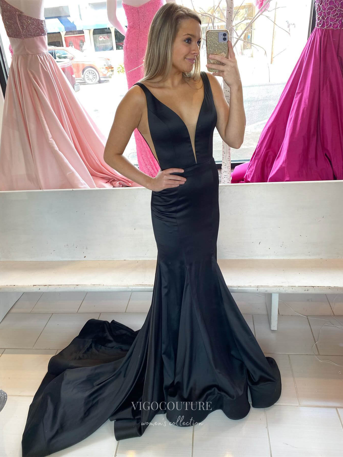 Prom Dress 2025 Black Satin Mermaid Prom Dresses Beaded Waist Plunging V-Neck 24111-unique elegant Prom Dresses-Black-Custom Size-vigocouture