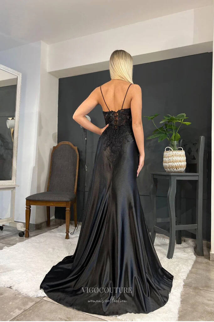 Prom Dress 2025 Black Satin Mermaid Cheap Prom Dresses with High Slit Lace Applique 24454-unique elegant Prom Dresses-Black-Custom Size-vigocouture