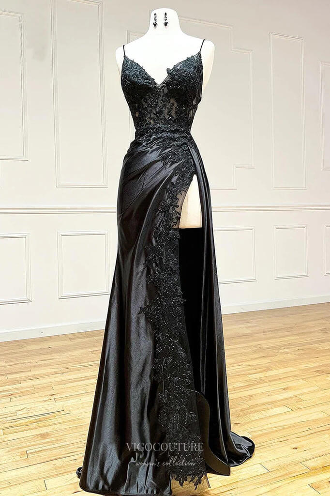 Prom Dress 2025 Black Satin Mermaid Cheap Prom Dresses with High Slit Lace Applique 24454-unique elegant Prom Dresses-Black-Custom Size-vigocouture