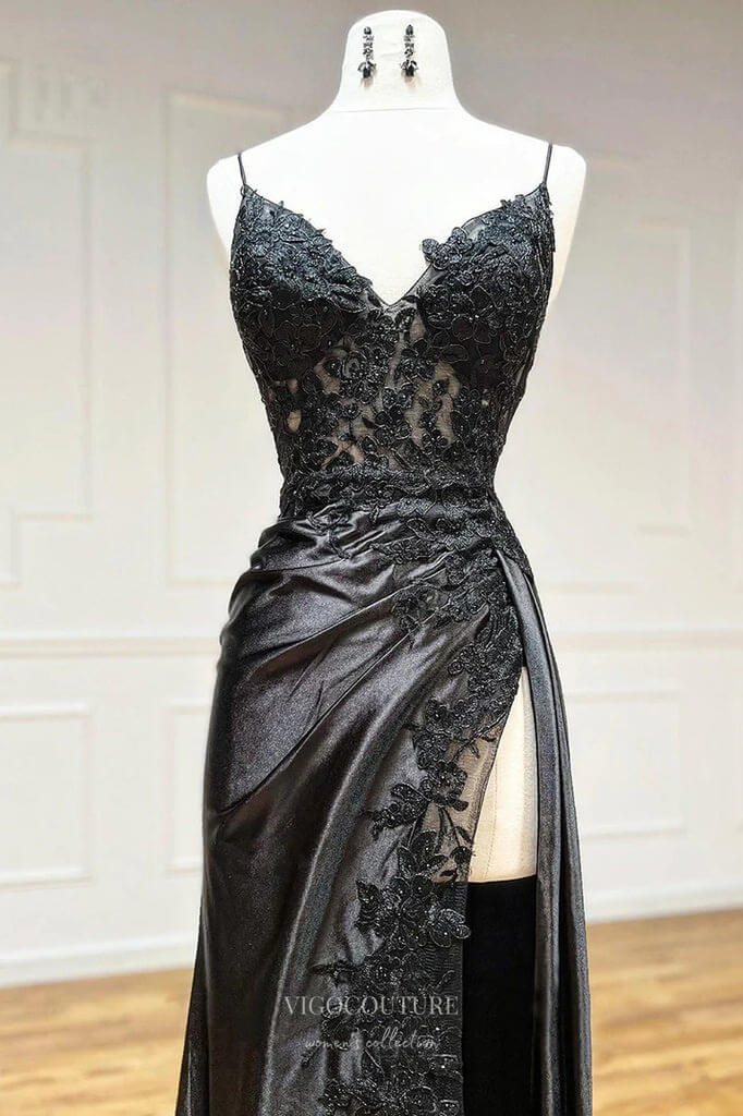 Prom Dress 2025 Black Satin Mermaid Cheap Prom Dresses with High Slit Lace Applique 24454-unique elegant Prom Dresses-Black-Custom Size-vigocouture