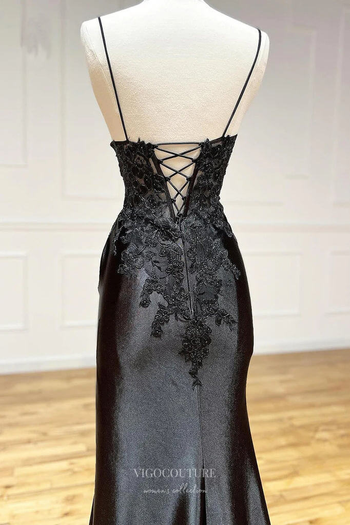 Prom Dress 2025 Black Satin Mermaid Cheap Prom Dresses with High Slit Lace Applique 24454-unique elegant Prom Dresses-Black-Custom Size-vigocouture