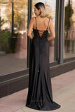 Prom Dresses 2025 to impress Black Satin Mermaid Prom Dresses with High Slit Lace Applique 24454-vigocouture-vigocouture