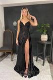 Black Satin Mermaid Prom Dresses with High Slit Lace Applique 24454