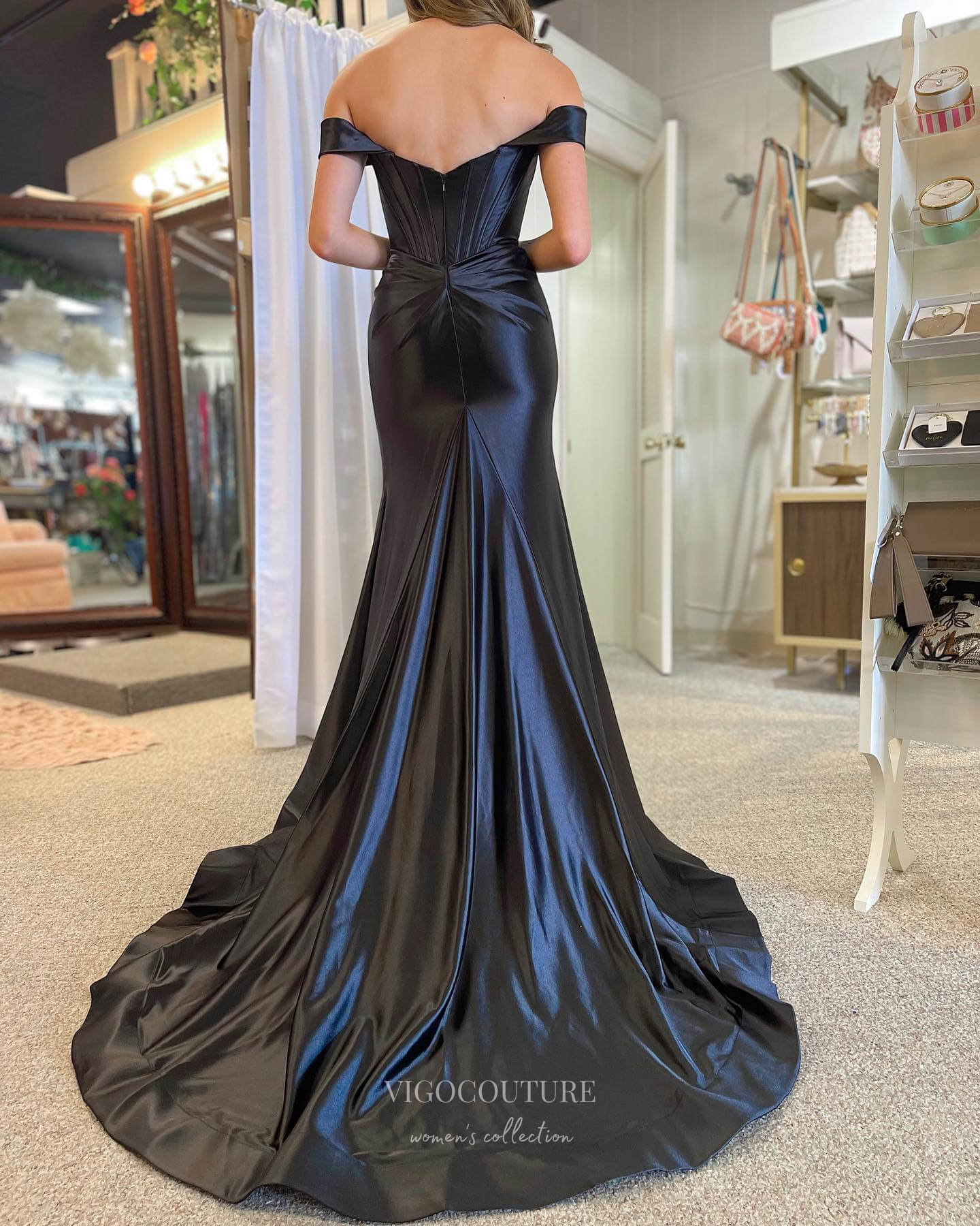 Black Satin Mermaid Prom Dresses with Slit Off the Shoulder