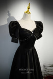 Prom Dress 2025 Black Satin Prom Dress with Beaded Puffed Sleeve 22319-unique elegant Prom Dresses-Black-Custom Size-vigocouture