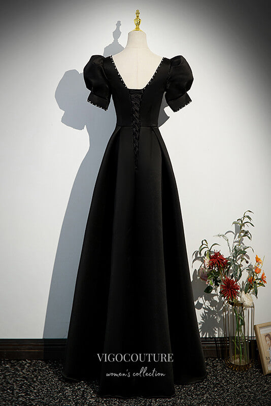 Black Satin Prom Dress with Puffed Sleeve 22318 vigocouture Black Satin Prom Dress with Puffed Sleeve 22318 vigocouture