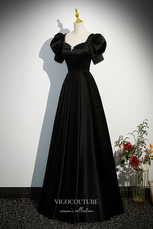 Prom Dress 2025 Black Satin Prom Dress with Puffed Sleeve 22318-unique elegant Prom Dresses-Black-Custom Size-vigocouture