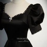 Prom Dress 2025 Black Satin Prom Dress with Puffed Sleeve 22318-unique elegant Prom Dresses-Black-Custom Size-vigocouture