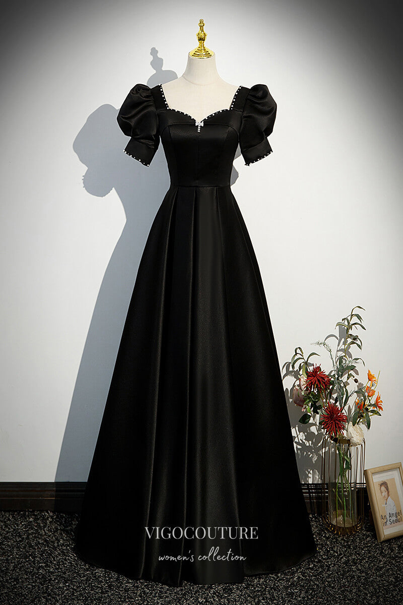 Black Satin Prom Dress with Puffed Sleeve 22318 – vigocouture