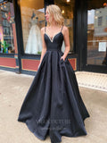 Prom Dress 2025 Black Satin Prom Dresses with Pockets Spaghetti Strap Formal Gown 20938-unique elegant Prom Dresses-Black-US2-vigocouture