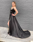 Prom Dress 2025 Black Satin Prom Dresses with Slit Spaghetti Strap Evening Dress 21981-unique elegant Prom Dresses-Black-US2-vigocouture