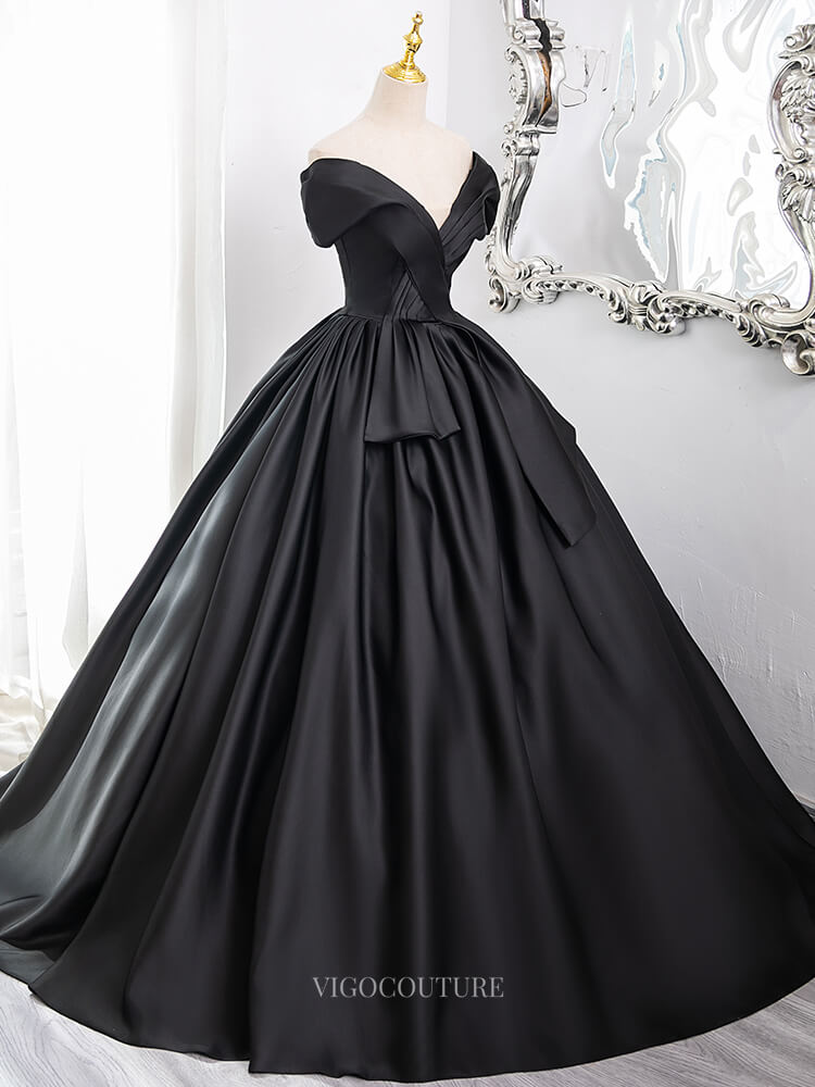 Prom Dresses 2025 to impress Black Satin Prom Dresses with V-Neck, Off the Shoulder Formal Gown BG008-vigocouture-vigocouture