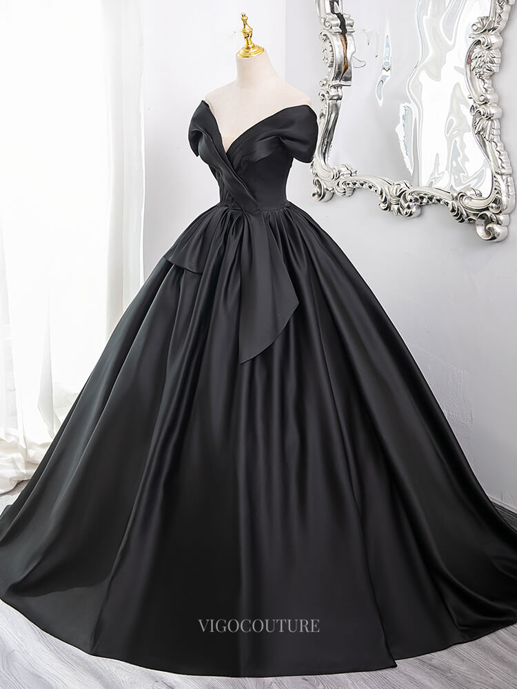 Prom Dresses 2025 to impress Black Satin Prom Dresses with V-Neck, Off the Shoulder Formal Gown BG008-vigocouture-vigocouture